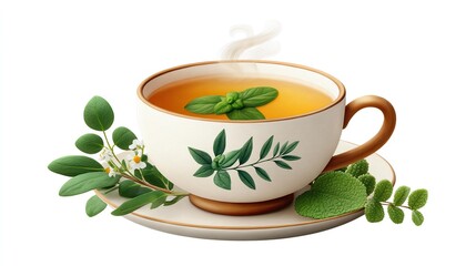 Steaming Cup of Herbal Tea with Fresh Mint and Botanical Illustrations