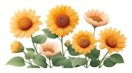 Sunflowers in Bloom Yellow and Orange Petals, Green Leaves on White