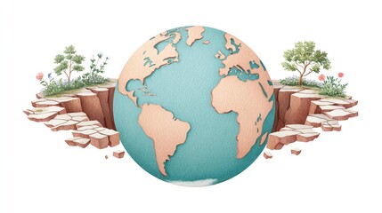 Teal Globe Emerging From Cracked Earth, Lush Greenery