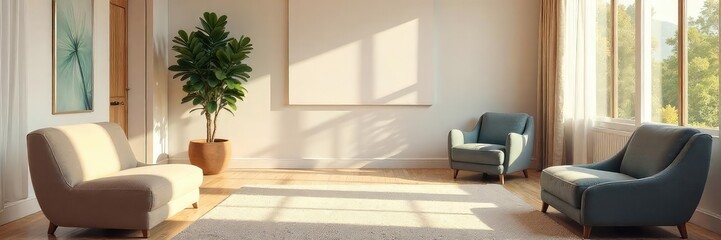 Serene mediation room, bathed in natural light, features neutral tones, comfortable seating, and minimalist decor, ideal for peaceful conflict resolution , minimalist, atmosphere, environment