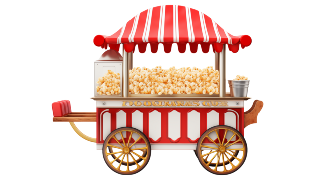 A popcorn cart with red and white stripes and a canopy filled with popcorn on a transparent background