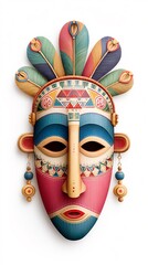 Vibrant Handcrafted Wooden Mask with Colorful Feather Headdress