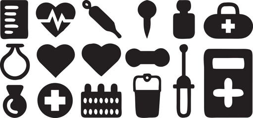 Isolated black medical icons, stethoscope, syringe, heart rate, first aid, doctor, nurse, thermometer, IV bag, capsule, ambulance, wheelchair for hospital, healthcare, emergency visuals