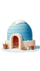 Charming Blue Igloo Illustration with Penguin and Food Baskets