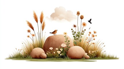 Autumnal Scene with Birds on Rocks and Wildflowers