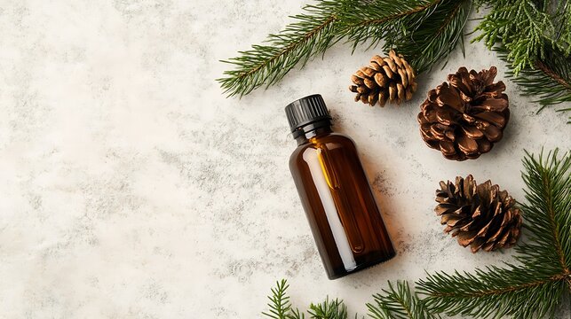 Clean tabletop with turpentine oil bottle, pinecones, and sprigs