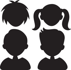 Isolated black kids profile icons, silhouette head, diverse hairstyles, child face side view, boy girl character design for family, children activity, learning, school and community visuals