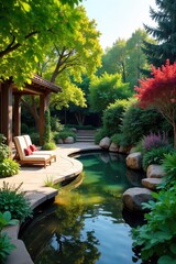 Naklejka premium Stunning backyard oasis featuring lush greenery, a tranquil pond, and a meticulously designed patio Perfect for relaxation and outdoor entertaining , tranquil, healthy, exterior