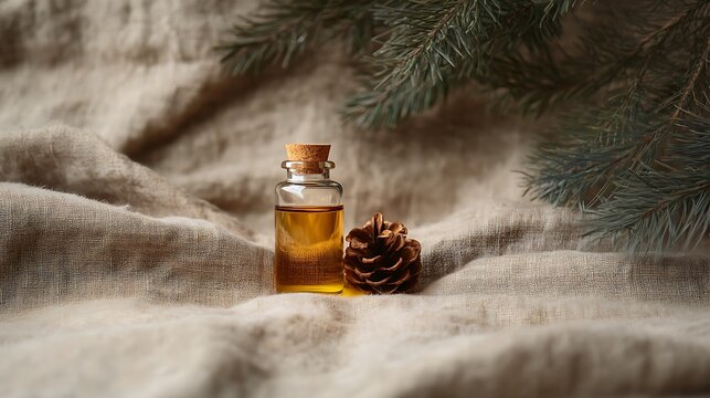 Glass vial of turpentine oil on neutral fabric with forest-inspired decor