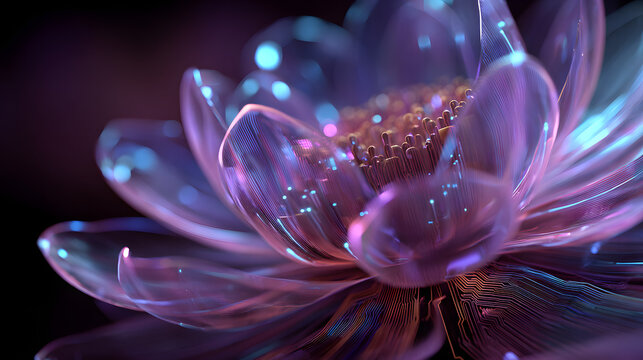 Glowing translucent lotus flower with integrated circuit patterns and blue light particles purple pink