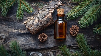 Minimal rustic style with turpentine oil bottle and pine tree bark