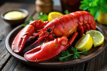 Succulent Maine lobster, butter melting, served with drawn butter, lemon wedges, and fresh herbs on a rustic wooden table A delectable seafood feast , wooden table, gourmet