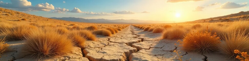Sun-baked earth cracks spread across a parched field under the summer sky Dry grasses and wildflowers struggle for survival in the intense heat A scene of arid summer landscape , ochre, botany