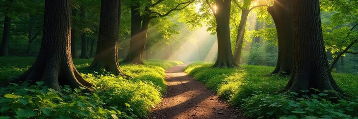 Sun-dappled forest path winding through ancient trees, lush undergrowth, dappled light, peaceful scene , earth, mysterious