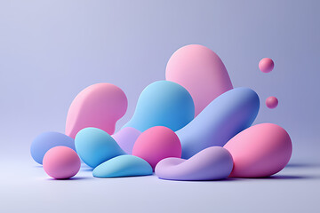 A minimalist 3D render of soft, organic forms in pastel pink, blue, and purple on a solid background.