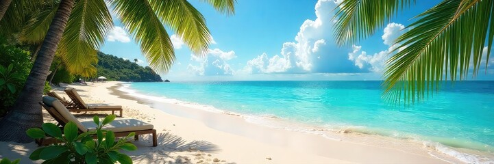 Sun-drenched beach scene with clear turquoise water, inviting sand, and lush tropical vegetation, perfect for a relaxing summer day  Ideal for travel, vacation, and summer themes , sun, escape, coast