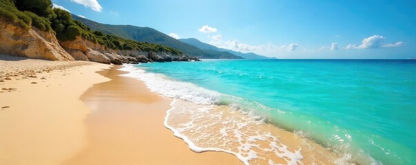 Sun-drenched Greek beach, crystal-clear turquoise water lapping golden sands Perfect summer escape, idyllic coastal scene Relaxing holiday vibe, Mediterranean paradise , waves, relaxation, sun