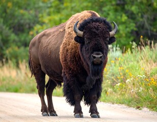 Majestic bison stands on a dirt road