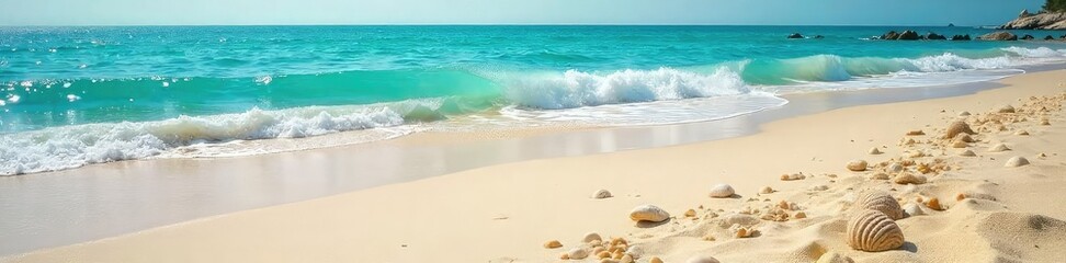 Sun-kissed sand, turquoise waves gently lapping the shore, seashells scattered along the tideline Perfect summer escape, idyllic coastal scene, tranquil beach paradise , vibrant, sunshine