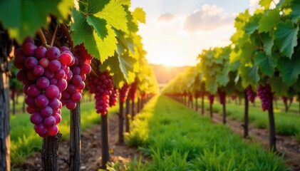 Sun-drenched rows of ripe grapes hanging heavy on the vine, ready for harvest Lush green foliage frames the perfect vineyard scene , vineyard landscape, foliage