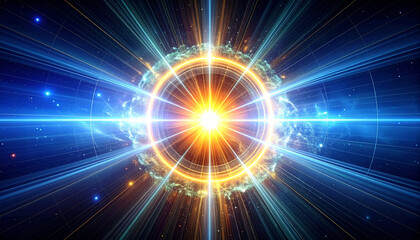 Cosmic Energy Burst: A vibrant display of cosmic energy erupts in a dynamic explosion, showcasing intricate light patterns and a central point of intense luminosity.