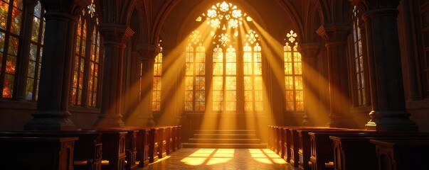 Sunbeams stream through stained-glass windows, illuminating a sacred space with ethereal, golden light Perfect for religious, spiritual, or fantasy themes , belief, light
