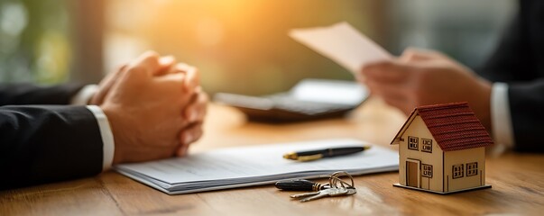 Signing a real estate contract with a model house keys and pen on a wooden desk in bright sunlight