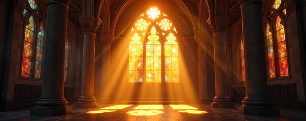 Sunbeams stream through stained-glass windows, illuminating a sacred space with ethereal, golden light Perfect for religious, spiritual, or fantasy themes , prayer, glow, gothic