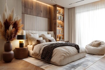 A modern bedroom with a large bed, wooden accents, and a cozy beanbag chair near the window