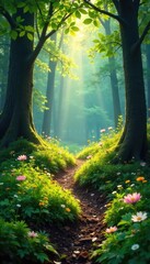 Sunlight streams through leaves onto a tranquil forest floor, dappled light illuminating lush green moss and wildflowers A sense of peaceful, untouched nature pervades the scene , trees, beauty