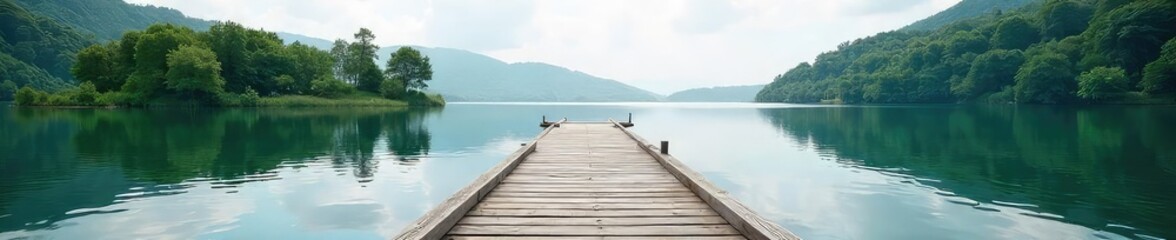 Tranquil scene of a secluded dock extending into a calm lake, surrounded by lush greenery and a small island Perfect for relaxation and nature themes , stillness, vacation, remote