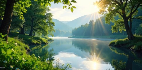 Tranquil summer scene at a serene lake Sunlight glistens on the calm water, surrounded by lush green trees and vegetation Perfect for relaxation and summer themes , environment, lake