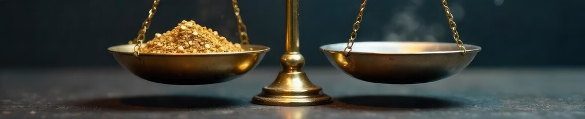 Two scales balanced perfectly, one side gleaming gold, the other tarnished silver; a visual metaphor representing the internal struggle between honesty and deception ,  dull,  concept,  measurement