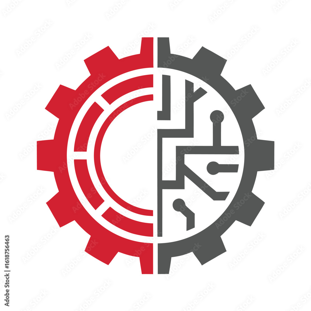Poster red and grey gear with circuit board pattern on white background mechanical technology