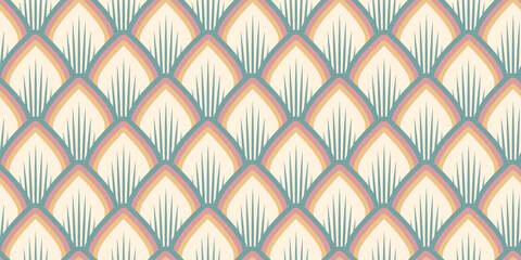 Fototapeta premium Retro Art Deco Seamless Pattern with Fan-Shaped Scales in Vintage Pastel Colors