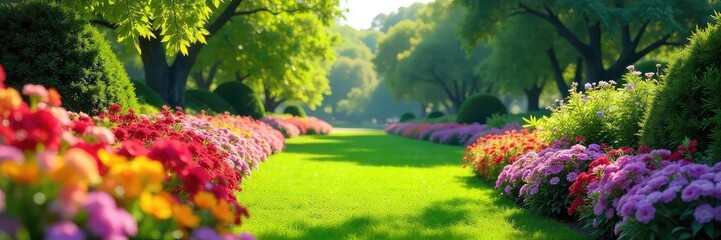 Vibrant flowerbeds bursting with color and lush greenery adorn a beautifully landscaped park, creating a serene and inviting atmosphere perfect for relaxation and recreation ,  recreation,  blossom
