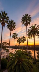 Fototapeta premium A vibrant sunset paints the sky behind towering palm trees and a riverside home, capturing the essence of a luxurious tropical evening in florida