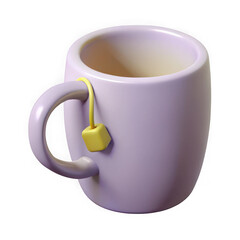 Cute purple mug with yellow tea bag isolated on transparent background