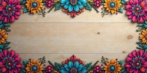 Vibrant patterned border decorates a rustic wooden surface, adding a touch of bohemian charm to the simple backdrop Perfect for craft, home decor, and DIY projects , style, wood