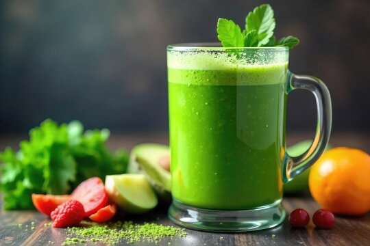 Vibrant green smoothie in a blender, fresh ingredients like spinach, kale, and fruits surround it, ready to be blended for a healthy and refreshing drink , energy, fruits
