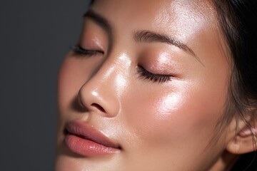Fototapeta premium Stunningly radiant Asian woman with dewy skin and closed eyes, showcasing flawless makeup and glowing complexion