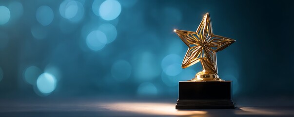 A golden star trophy on a black base against a blue bokeh background with a light shining on it