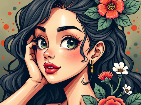 Portrait digital d&rsquo;une jeune femme aux cheveux noirs orn&eacute;s de fleurs color&eacute;es et regard captivant