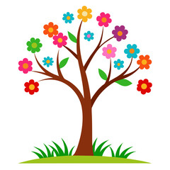 Tree with colorful flowers with brown branch with grass vector on white background.