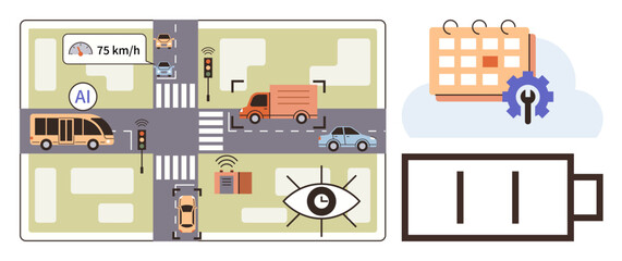 AI-powered traffic monitoring system at urban intersections, connected vehicles, traffic lights, schedule management, and energy-saving technologies. Ideal for smart city planning, automation, urban