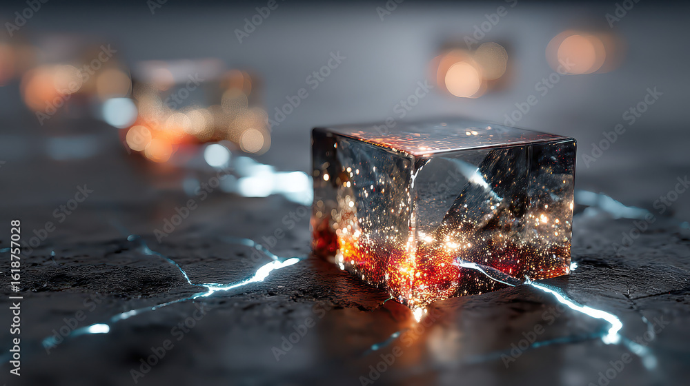 Poster abstract visualization depicts quantum tunneling in semiconductors with light waves and energy field