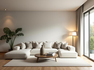 Salon moderne minimaliste avec canapé beige, table basse en bois et décoration intérieure lumineuse élégante