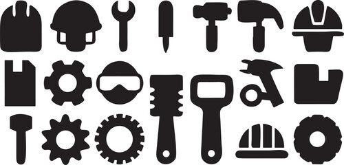 Isolated black workshop icons, gear, hammer, wrench, screwdriver, drill, toolbox, blueprint, spanner, construction hat, machine, repair tools for mechanic, engineering, DIY and industry visuals