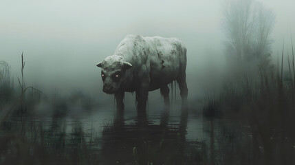 Terrifying Demon-Like Bull Standing in a Foggy Swamp with Glowing Eyes and Decaying Skin in a Haunting Forest Atmosphere