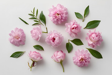 Pink Peony Flowers Flat Lay on White Background